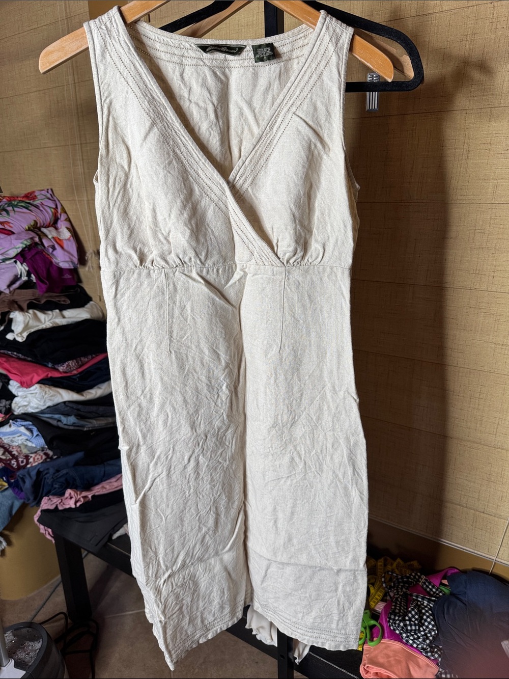 Vintage Eddie Bauer 100% Linen Sleeveless Faux Wrap Midi Dress Cream Size 6 - Picture 3 of 9